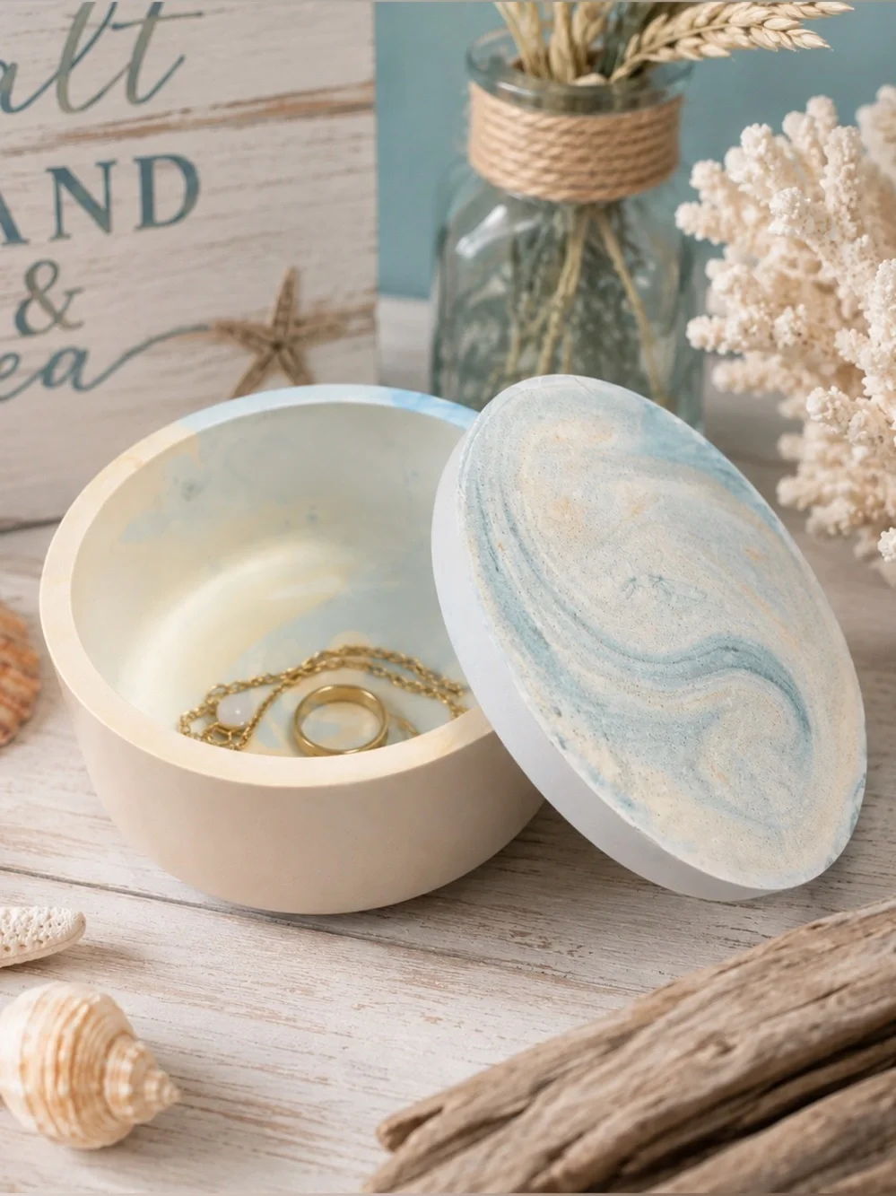 Coastal Swirl Ceramic Jewelry, Catchall Bowl in Blue and Cream